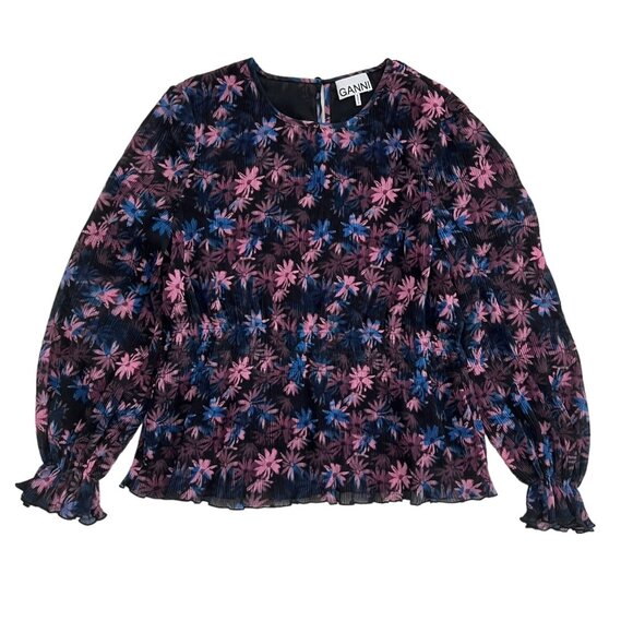 Ganni Floral Pleated Georgette Smock Blouse Purple Size FR 40 US 8-10 M Coquette - Picture 3 of 13